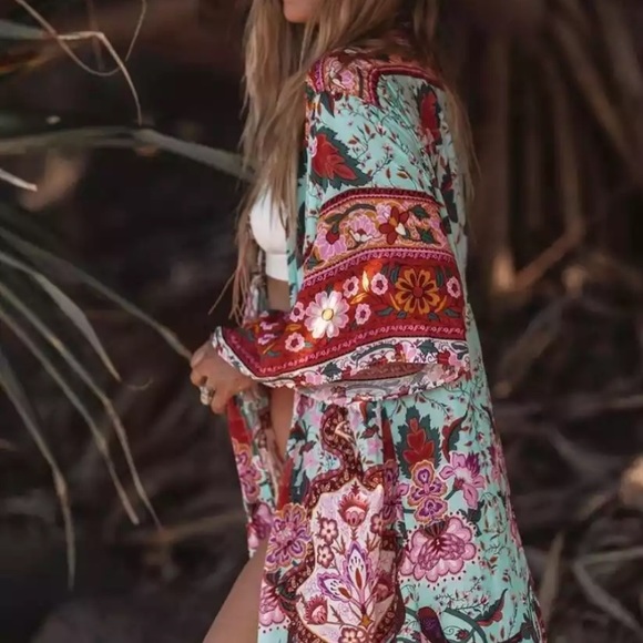 Colorful Red Mint Peacock Floral Bohemian Boho Duster Wrap Kimono Coverup Robe - Picture 3 of 11